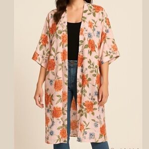 Boho satin open front duster cardigan kimono tropical floral print pink small
